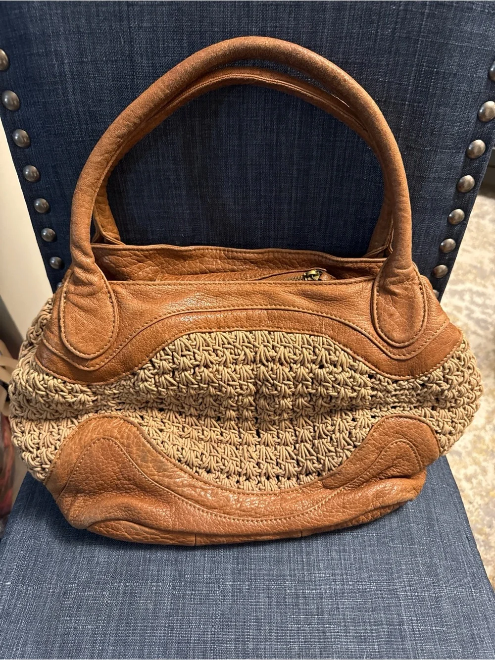 Chocolat Blu Tan Brown Leather & Woven Straw Satchel Shoulder Bag Handbag Purse